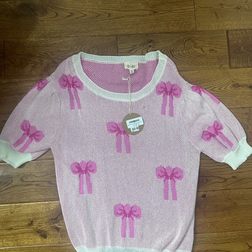 BiBi Pink and White Crew Neck Sweater with Bow Design